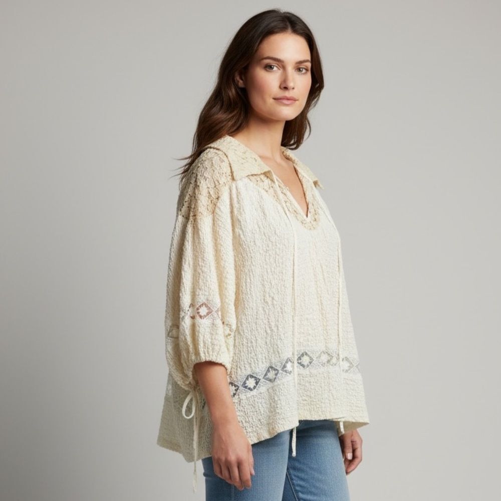 POL Boho Chic Cream Textured Blouse with Patterned Details
